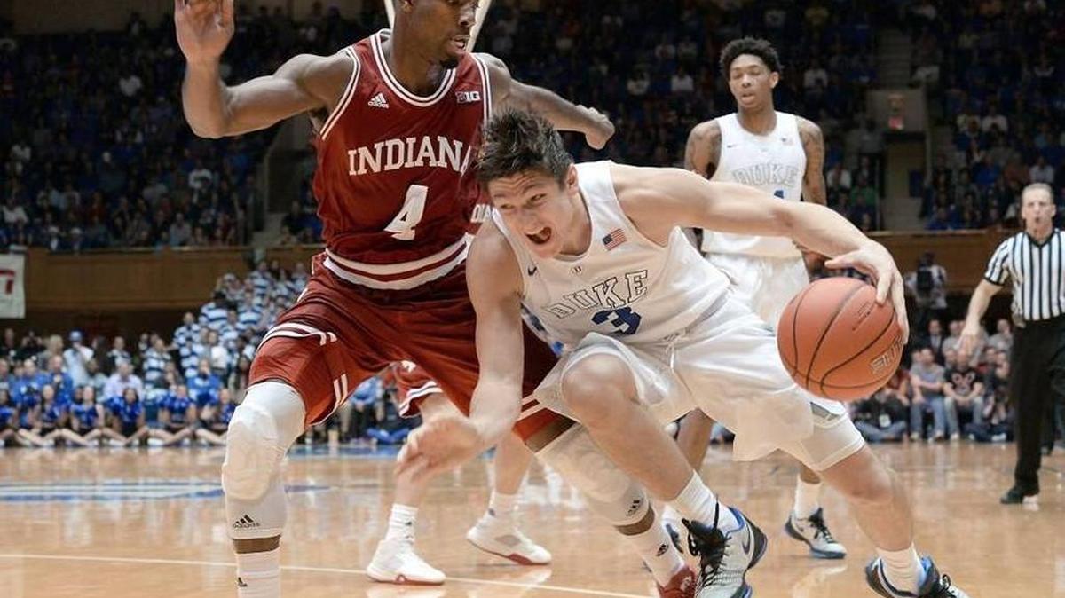 Duke guard Grayson Allen (3) drives the ball on Indiana’s Robert Johnson in a December game won by Duke.