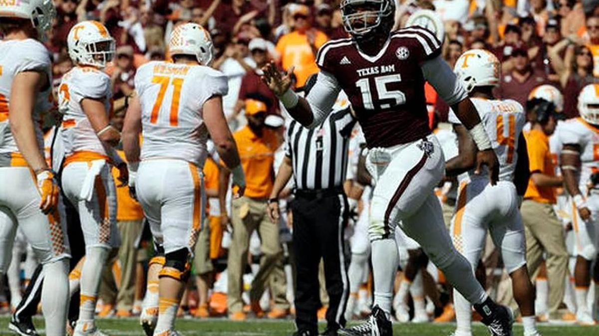 Defensive end Myles Garrett, shown here celebrating a play in Texas A&M’s overtime win over Tennessee earlier this season, leads the No. 6-ranked Aggies against No. 1 Alabama on Saturday, Oct. 22, 2016 in Tuscaloosa, Ala.