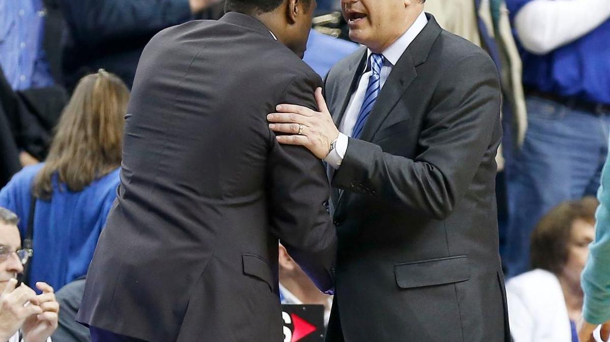 Alabama Crimson Tide head coach Avery Johnson shook hands with Kentucky Wildcats head coach John Calipari after the game as the University of Kentucky played the University of Alabama in Rupp Arena in Lexington, Ky., Tuesday, February 23 2016. This is second half mens basketball action. UK won 78-53.