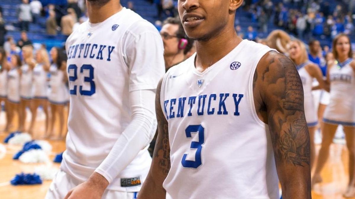 Kentucky guard Tyler Ulis, right, and guard Jamal Murray leave the court after their 80-70 performance over Tennessee, Thursday, Feb. 18, 2016 at Rupp Arena in Lexington .
