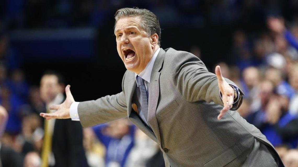 Kentucky head basketball coach John Calipari yells down court during his team’s overtime win over the Vanderbilt Commodores at Rupp Arena in Lexington, Ky., Tuesday, Jan. 30, 2018. UK plays at Texas A&M on Saturday, Feb. 10, 2018.