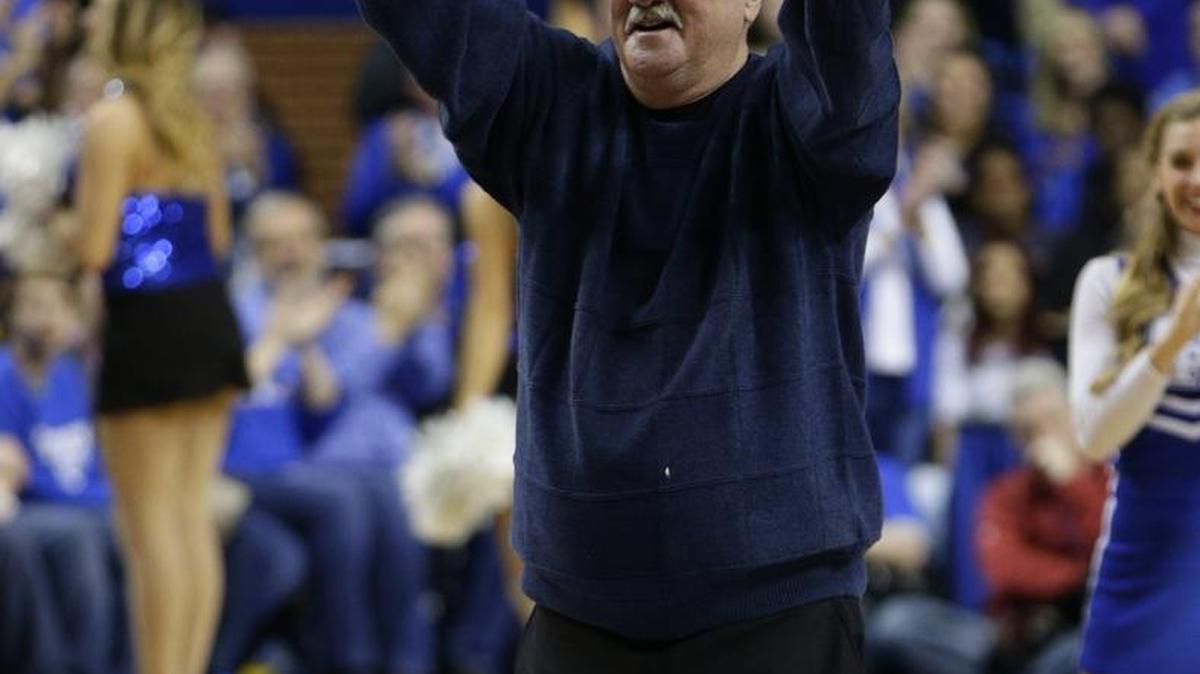 UK great Louie Dampier did the "Y" as Kentucky defeated Alabama 78-53 on Tuesday February 23, 2016 in Lexington, Ky. Dampier was inducted into the Naismith Hall of Fame along with UK coach John Calipari last September.