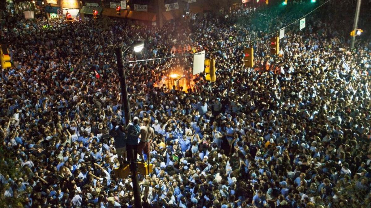 North Carolina fans celebrate on Franklin Street on Monday, April 3, 2017 in Chapel Hill, N.C. following the University of North Carolina’s victory over Gonzaga in the NCAA college basketball championship in Glendale, Ariz.