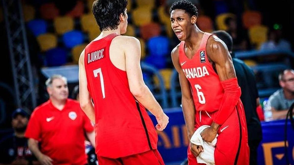 R.J. Barrett (6) celebrates after scoring 38 points and grabbing 13 rebounds to lead Canada over the United States in the U19 Fiba World Cup on Saturday.