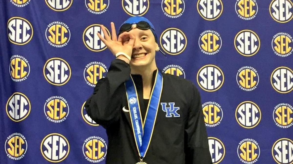 UK’s Madison Winstead celebrates after winning the silver medal in the 100 breaststroke at the SEC Swimming and Diving Championships in Knoxville, Tenn. on Friday, Feb. 17, 2017.
