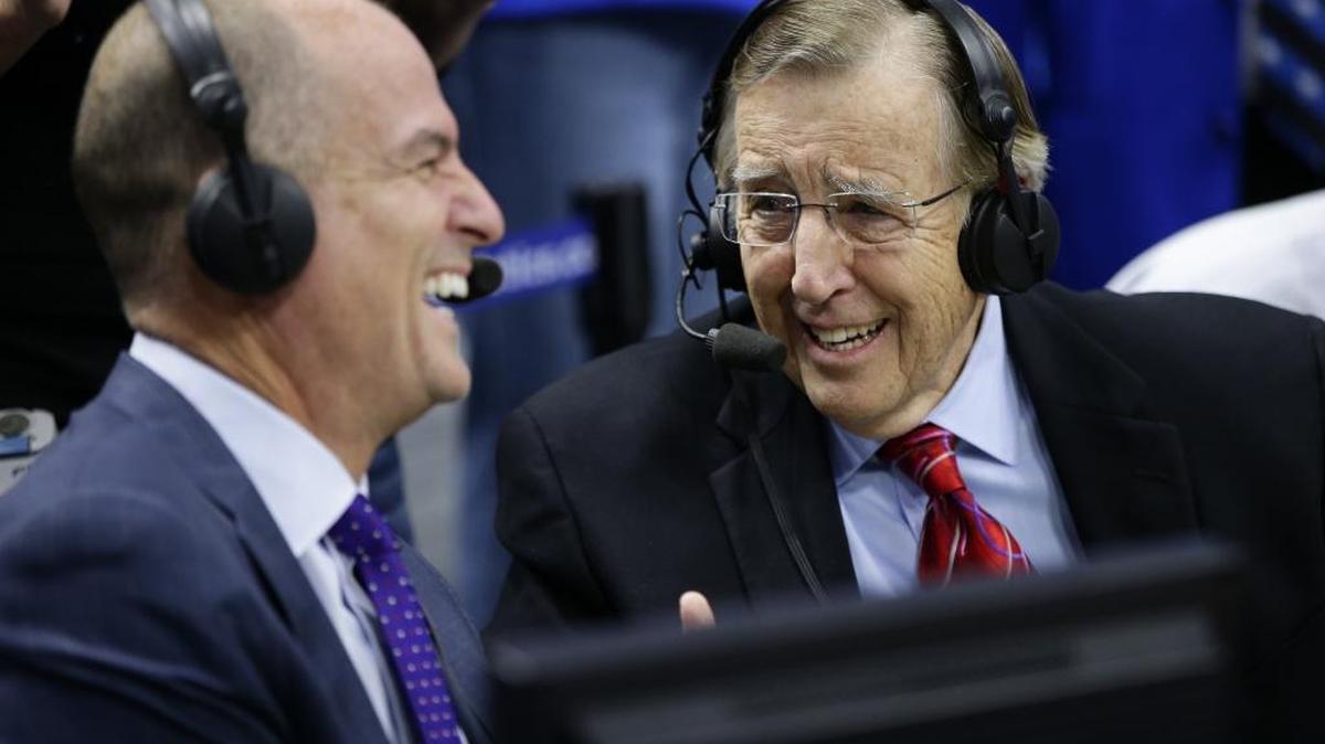 ESPN’s Brent Musburger, right, laughed it up with Jay Bilas before the Kentucky-Georgia game, on Tuesday January 31, 2017 in Lexington, Ky.