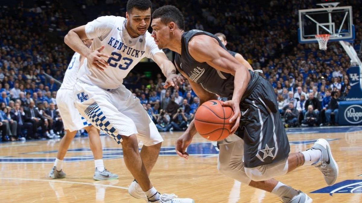 Kentucky Wildcats guard Jamal Murray (23) defended Vanderbilt Commodores guard Wade Baldwin IV (4) as UK hosted Vandy at Rupp Arena on Saturday Jan. 23, 2016 in Lexington, Ky.
