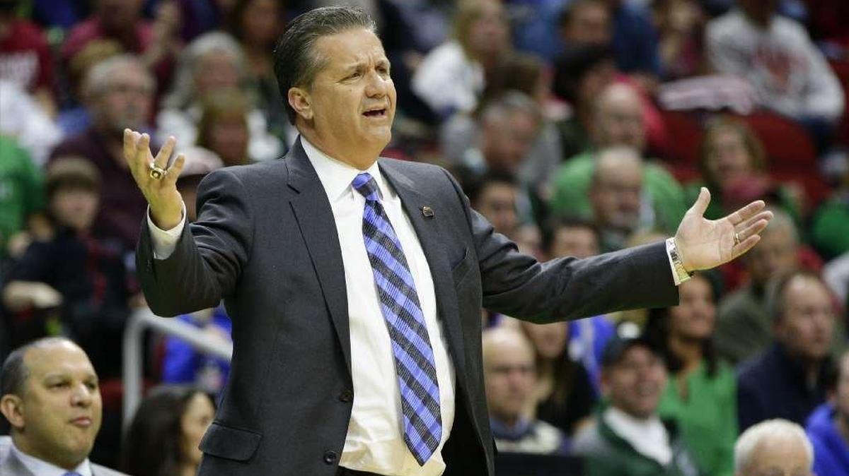 Kentucky basketball coach John Calipari objects to a call during his team’s 2016 NCAA Tournament win over Stony Brook in Des Moines, Iowa.