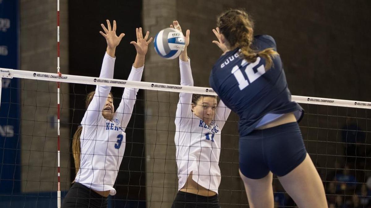 Kentucky’s Madison Lilley (3) and Emily Franklin (11) defend as UK defeated BYU 3-2 hosted BYU in the round of 16 on Friday Dec. 8, 2017 in Lexington, Ky. Kentucky plays Nebraska on Saturday for a trip to tournament’s Final Four.