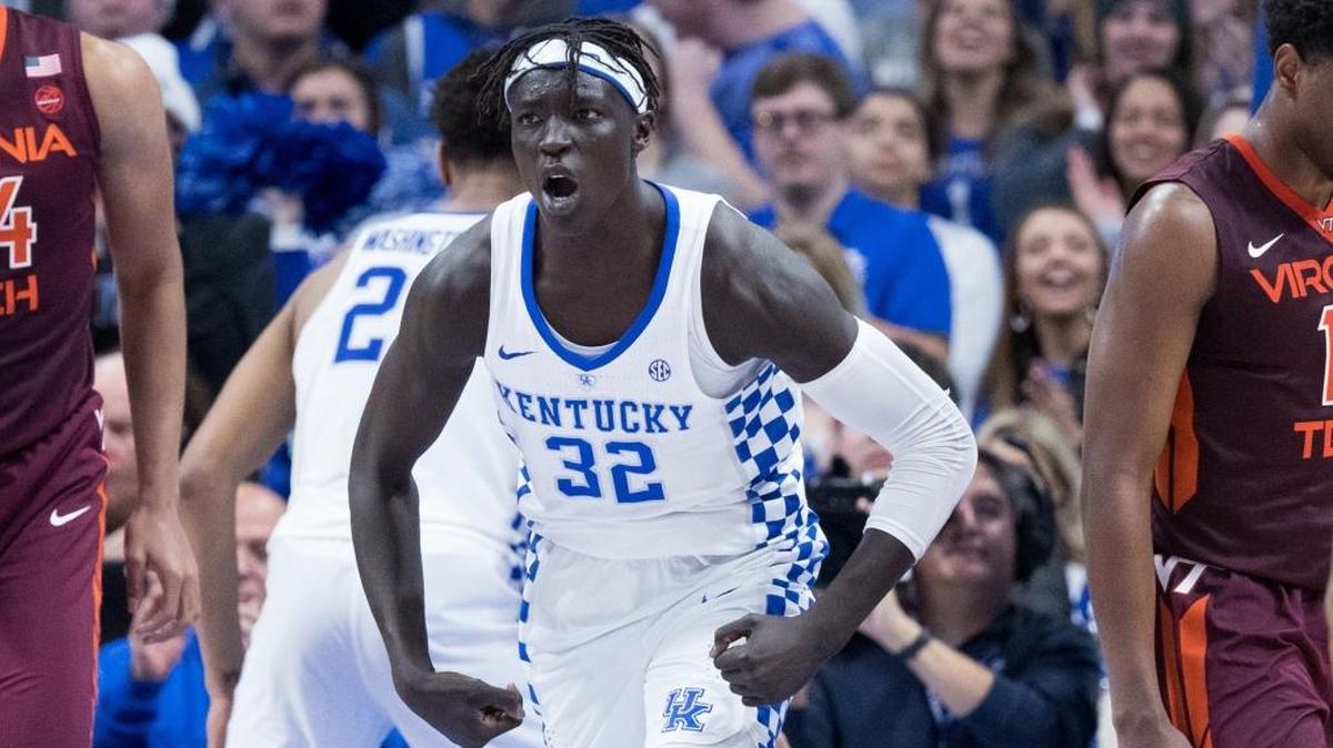 Kentucky forward Wenyen Gabriel (32) reacts to a basket as UK defeated Virginia Tech 93-86 in Rupp Arena on Saturday Dec. 16, 2017 in Lexington, Ky.