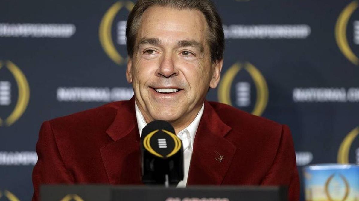 Alabama coach Nick Saban talks to the media on Jan. 12, 2016 the morning after his team beat Clemson 45-40 to win the College Football Playoff.