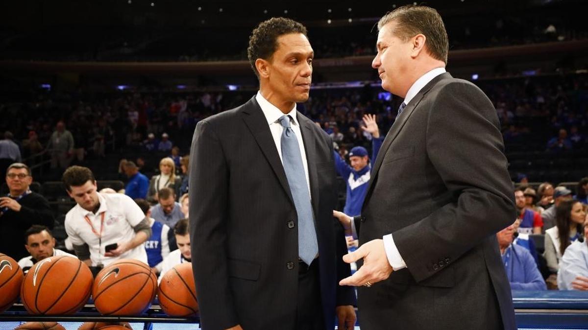 Monmouth head basketball coach King Rice and Kentucky head coach John Calipari speak before the Citi Hoops Classic at Madison Square Garden in New York, Saturday, Dec. 9, 2017. Kentucky beat Monmouth 93-76.