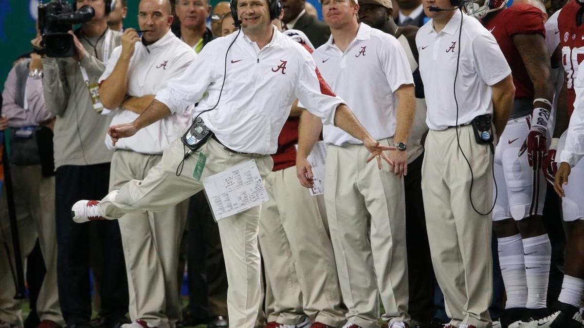 Alabama defensive coach Kirby Smart works against Florida during the first half of the Southeastern Conference championship NCAA college football game, Saturday, Dec. 5, 2015, in Atlanta.