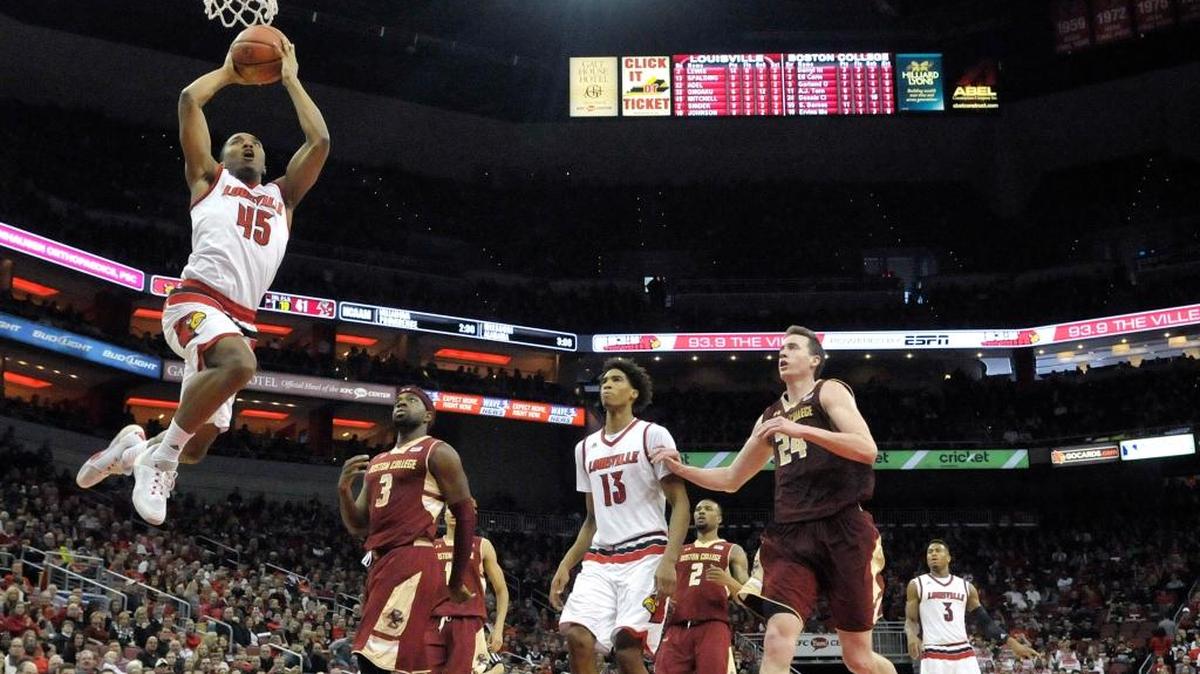 Louisville's Donovan Mitchell (45) goes up for a dunk during the second half of an NCAA college basketball game against Boston College, Saturday, Feb. 6, 2016, in Louisville Ky. Louisville won 79-47.