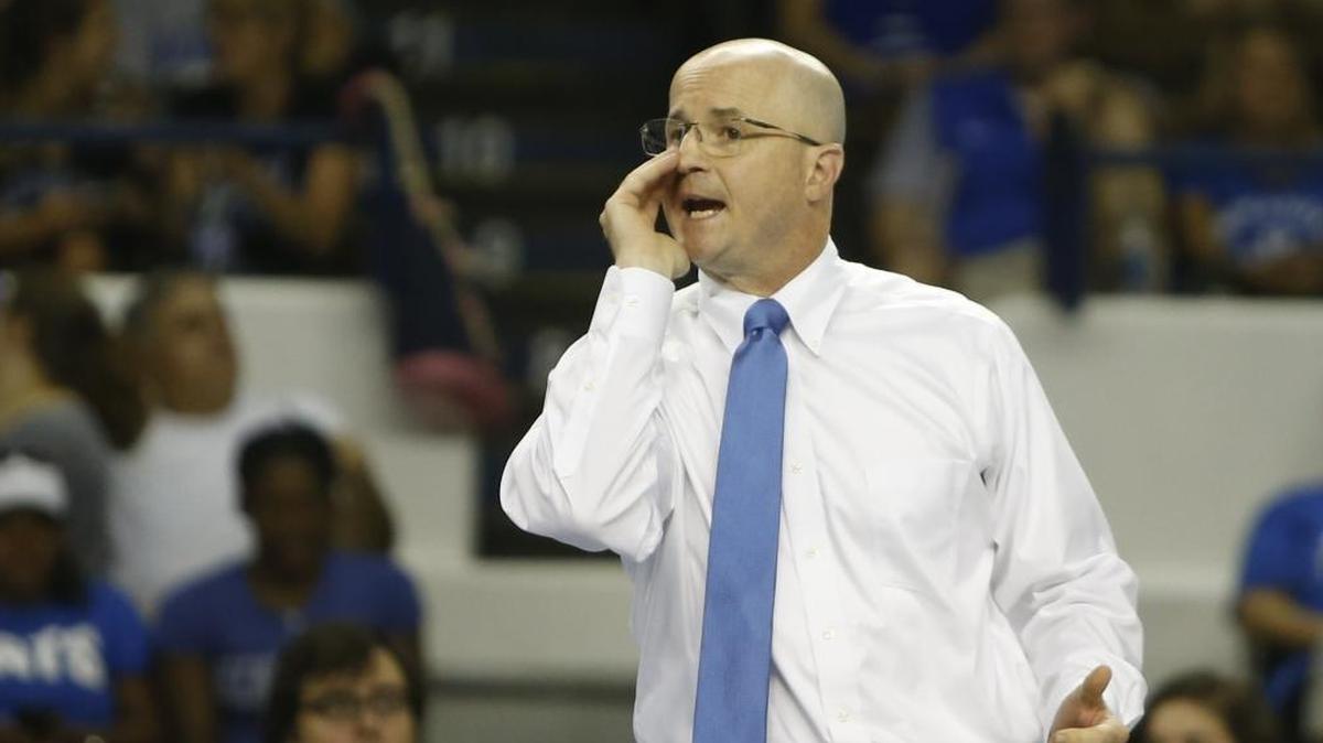 Kentucky head volleyball coach Craig Skinner directs his team during a win over the Louisville Cardinals at Memorial Coliseum in Lexington, Ky., on Friday, September 15, 2017.