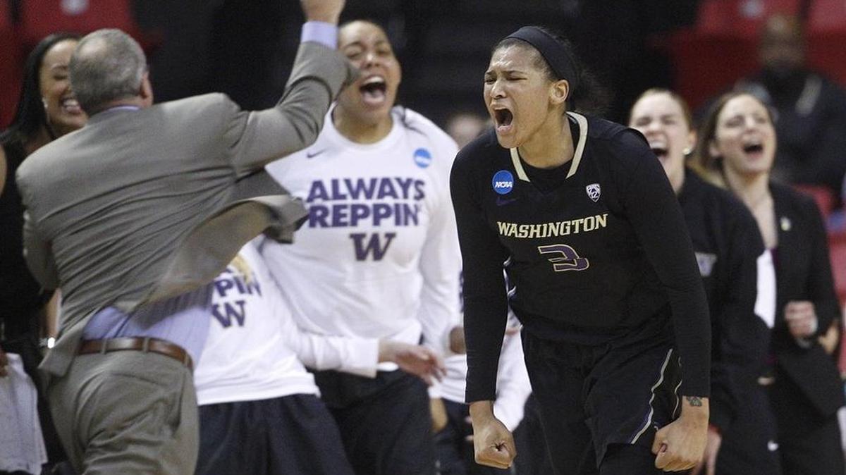 Washington forward Talia Walton (3) reacts after hitting a three-pointer in the second half of an NCAA college basketball game against Maryland in the second round of the NCAA tournament, Monday, March 21, 2016, in College Park, Md. Walton contributed 20 points to Washington's 74-65 win.