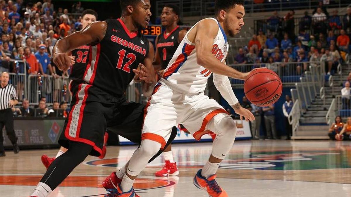 Georgia guard Kenny Gaines (12) guards Florifda’s Chris Chiozza during the Gators’ game against the Georgia Bulldogs on Saturday, January 2, 2016 at the Stephen C. O’Connell Center in Gainesville, FL.