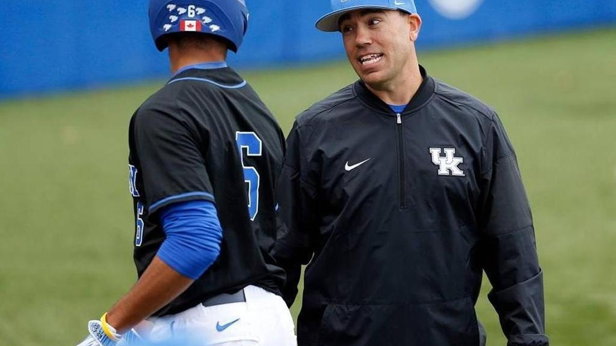Kentucky coach Nick Mingione, shown here talking with Tristan Pompey earlier this season, picked up an SEC road win against old school on Friday night. UK won 5-2 at Mississippi State in the first of a three-game series. Mingione was an assistant at MSU before becoming head coach at UK.