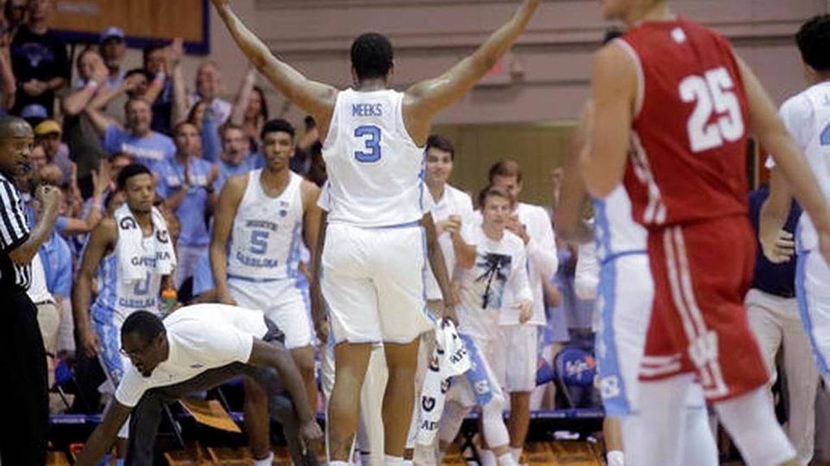 North Carolina center Kennedy Meeks celebrates as the Tar Heels defeated Wisconsin in the finals of the Maui Invitational. No. 3-ranked North Carolina plays at No. 13 Indiana in the ACC/Big 10 Challenge on Wednesday night.