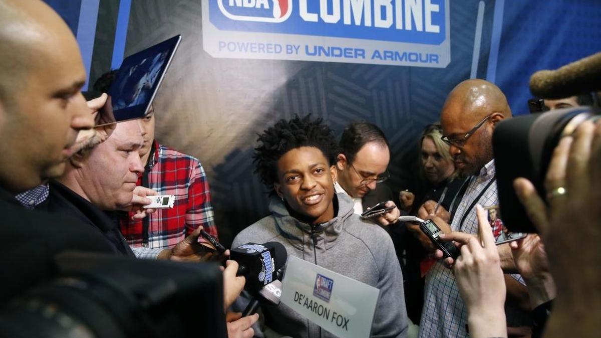 Former Kentucky guard De’Aaron Fox, center listens to a question at the NBA draft basketball combine Friday, May 12, 2017, in Chicago. Fox is expected to be one of the top five players selected in Thursday’s NBA Draft in Brooklyn.