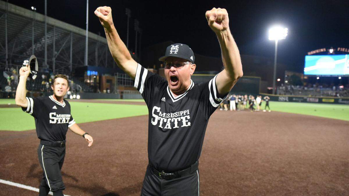 Mississippi State head coach Gary Henderson celebrated after his team's 10-6 win over Vanderbilt on Sunday clinched the Bulldogs a spot in the College World Series. Henderson was Kentucky's head baseball coach for eight seasons before resigning after the 2016 season.