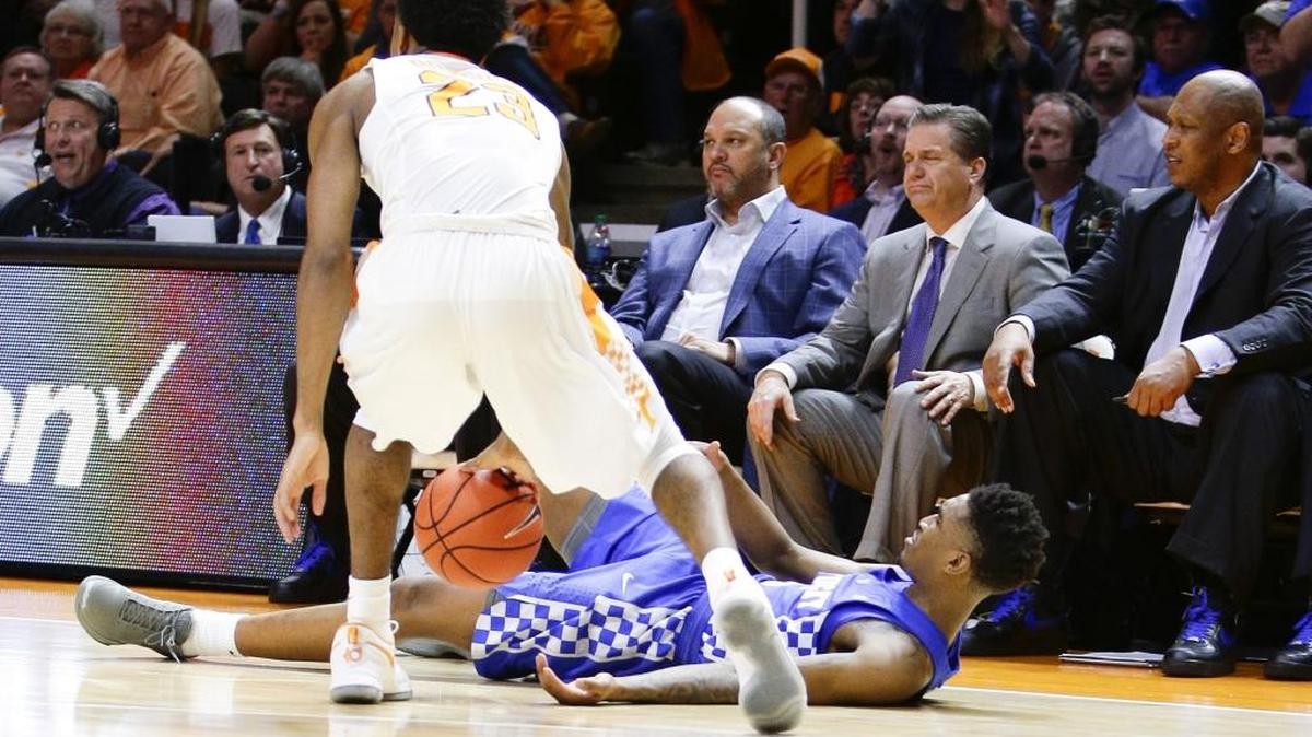 Kentucky guard Malik Monk (5) slipped on some water near the bench after a timeout turning the ball over as Tennessee defeated No. 4 Kentucky 82-80 on Tuesday, January 24, 2017 in Knoxville,TN.