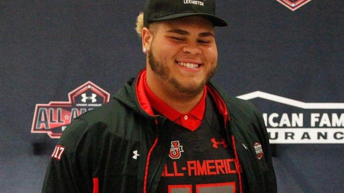 Former Lafayette star Jedrick Wills displayed the jersey he wore in the ninth annual Under Armour High School All-America Game on Jan. 1 in Orlando, Fla. Wills is in competition to be a starting tackle for Alabama in the Crimson Tide’s opener against Florida Stat eon Sept. 2.