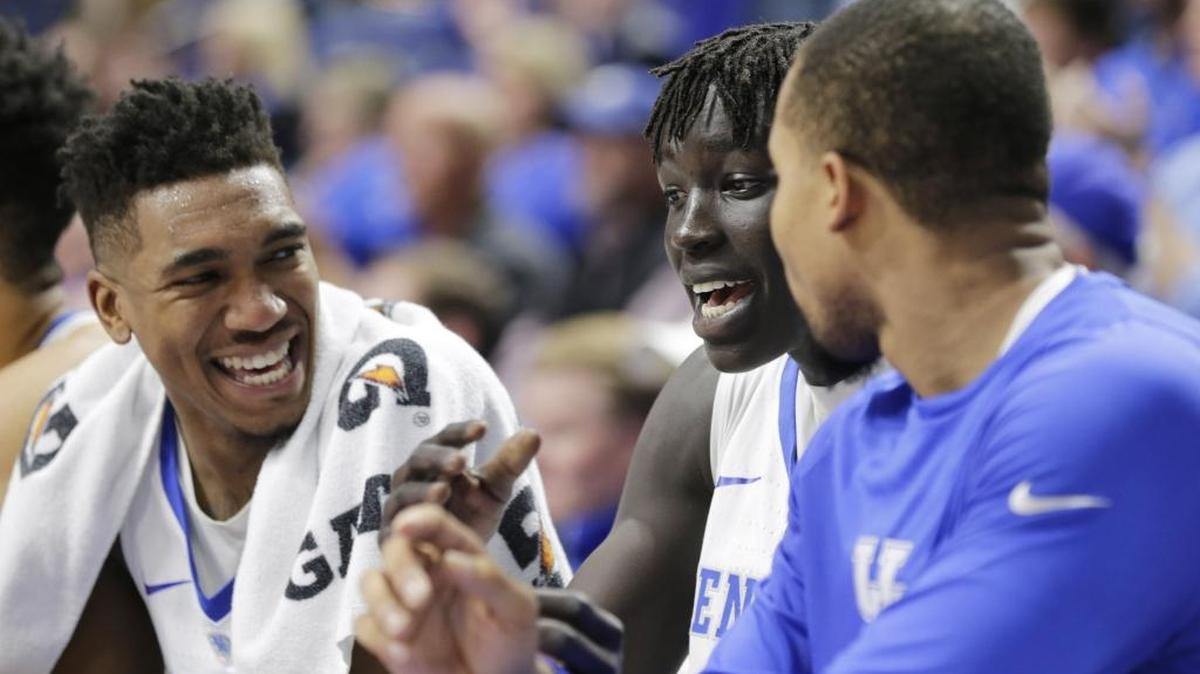 Kentucky’s Malik Monk, left, Wenyen Gabriel, center, and Isaiah Briscoe shared a laugh on the bench in the second half of the Cats’ 93-69 win over Canisius at Rupp Arena in Lexington, Ky, on Nov. 13, 2016.