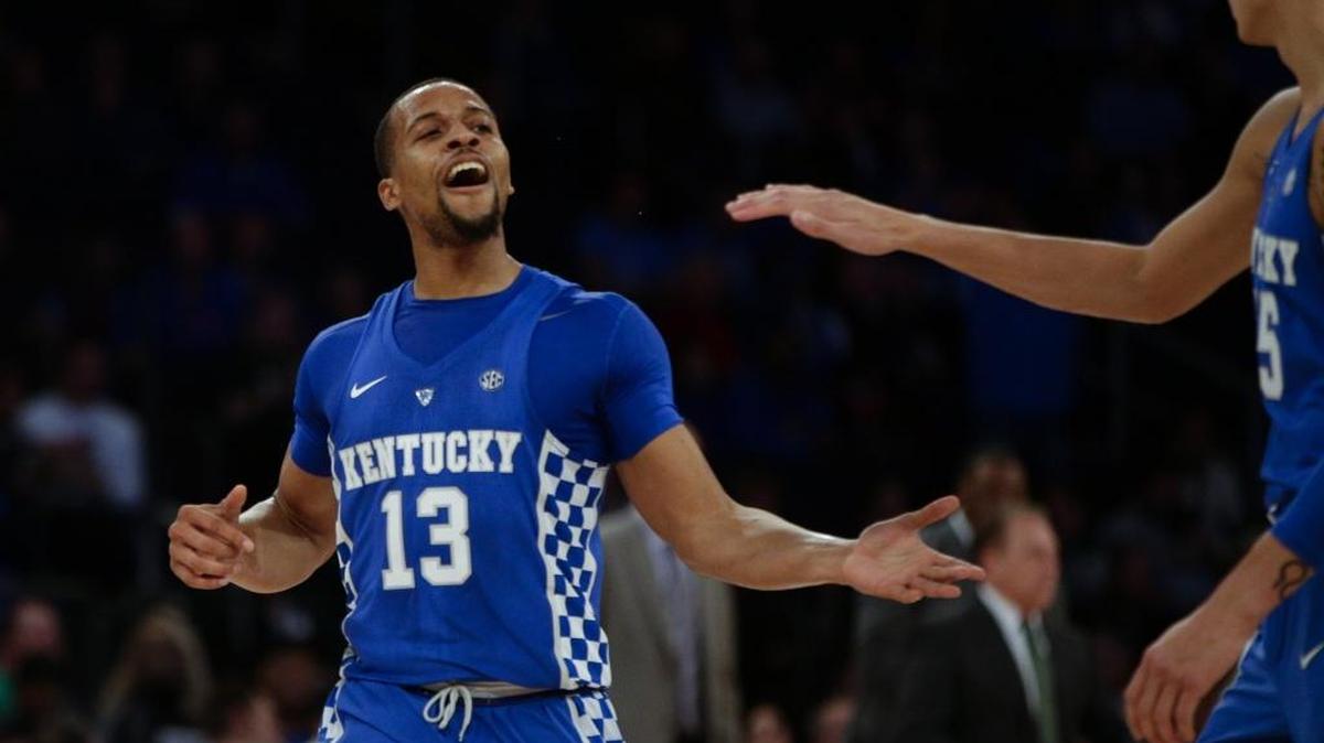 Kentucky guard Isaiah Briscoe (13) celebrates during UK’s last trip to New York which resulted in a 69-48 win over Michigan State in the Champions Classic on Tuesday, November 15, 2016 at Madison Square Garden. Kentucky plays Hofstra at the Barclays Center in Brooklyn on Sunday, Dec. 11, 2016.