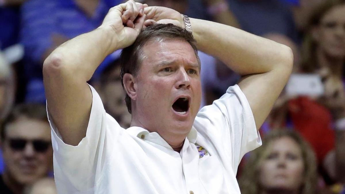 Kansas coach Bill Self shouts to his team during the second half of an NCAA college basketball game against UCLA in the second round of the Maui Invitational, Tuesday, Nov. 24, 2015, in Lahaina, Hawaii. Kansas won 92-73.