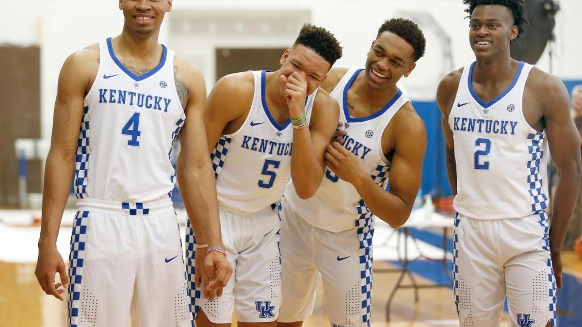 Trying to make teammates laugh during their photo shoot, L-R: Nick Richards (4), Kevin Knox (5), PJ Washington (25), Jarred Vanderbilt (2) during the Kentucky men’s basketball photo day held at the Joe Craft Center in Memorial Coliseum in Lexington, Ky., Monday, September 18, 2017.