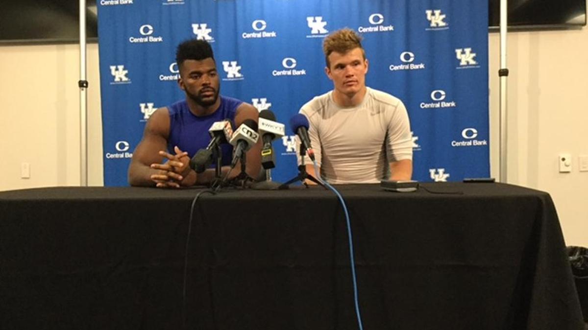 Kentucky linebacker Courtney Love and quarterback Drew Barker talk to the media after Saturday’s first scrimmage of the fall camp. UK opens the season Sept. 3 against visiting Southern Miss.