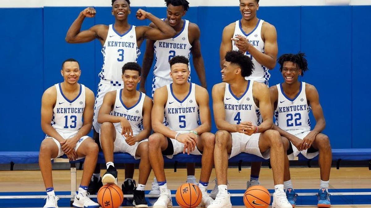 Some Kentucky players joked around during men's basketball photo day held at the Joe Craft Center in Memorial Coliseum in Lexington, Ky., Monday, September 18, 2017. UK opens the regular season on Nov. 10 against Utah Valley University in Rupp Arena. Back row L-R- Hamidou Diallo (3), Jarred Vanderbilt (2), PJ Washington (25). Front row L-R:- Jemarl Baker (13), Quade Green (0), Kevin Knox (5), Nick Richards (4), Shai Gilgeous-Alexander (22)
