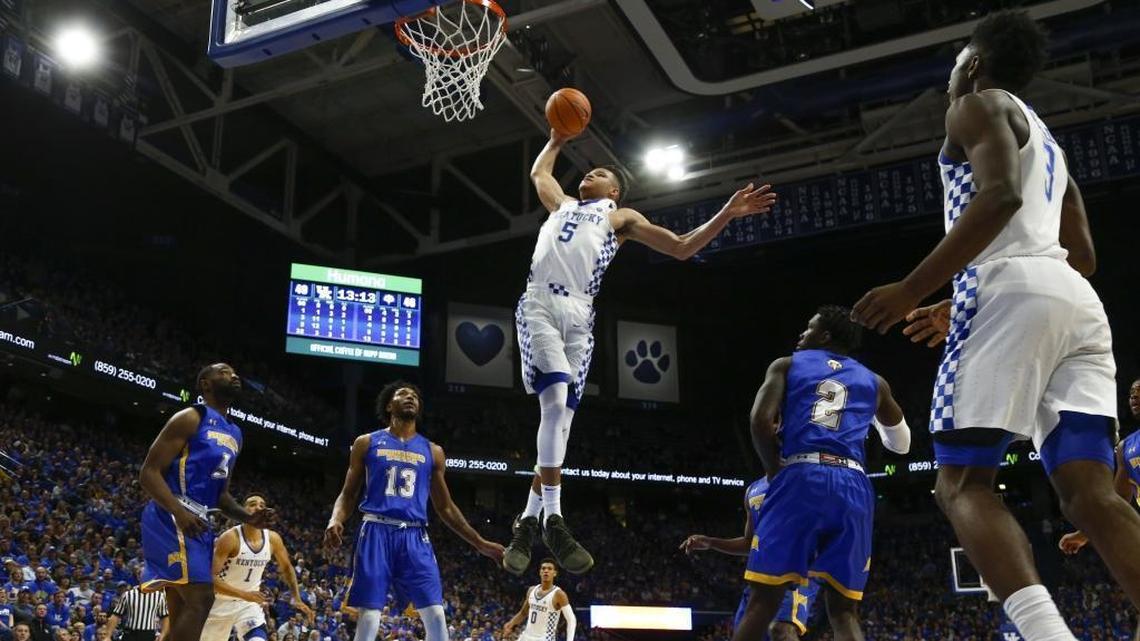Former Kentucky forward Kevin Knox (5) went up for a dunk against Morehead State on Oct. 30, 2017, in Lexington. The 6-foot-9 forward is reportedly rising up NBA Draft boards after putting in strong workouts.