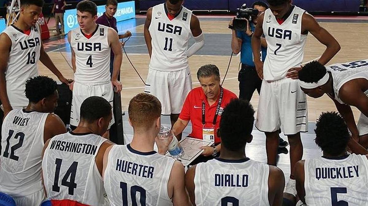 Kentucky coach John Calipari directs his USA U19 team during a timeout in the FIBA World Cup in Egypt.