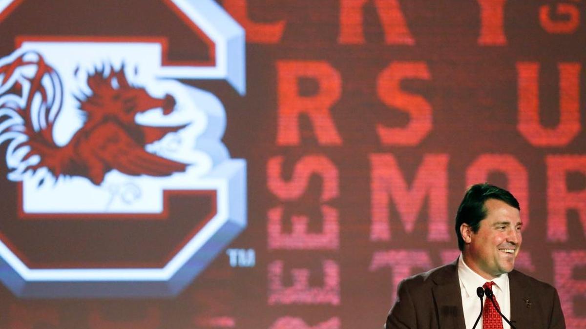South Carolina coach Will Muschamp speaks to the media at the SEC Football Media Days, Thursday, July 14, 2016, in Hoover, Ala.