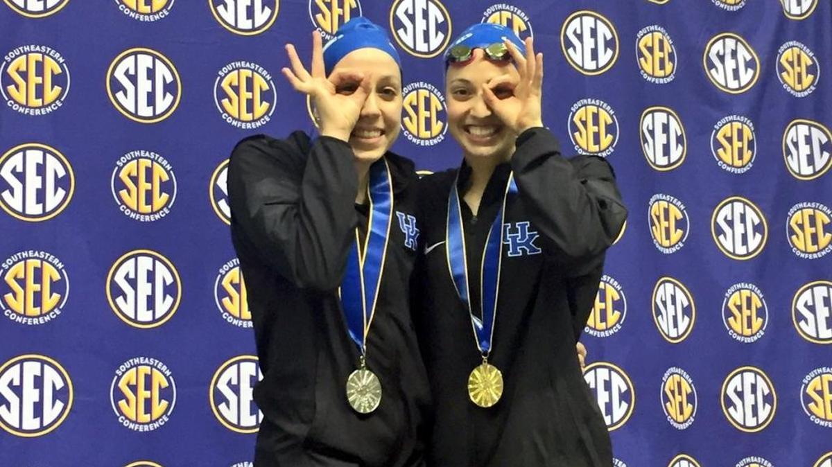 Kentucky went 1-2 in the 200 backstroke at the 2017 SEC Swimming and Diving Championships in Knoxville, Tenn. on Saturday, Feb. 18, 2017. Asia Seidt, right, won the gold medal in 1:50.22. Danielle Galyer, left, finished second to take the silver.