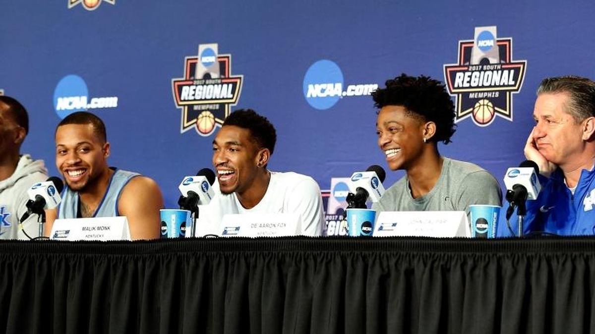 Kentucky players (left to right) Edrice “Bam” Adebayo, Malik Monk, De’Aaron Fox, head coach John Calipari during an afternoon press conference held at FedExForum in Memphis on Saturday, March 25, 2017. UK plays North Carolina Sunday for the NCAA South Region championship and a trip to the Final Four.