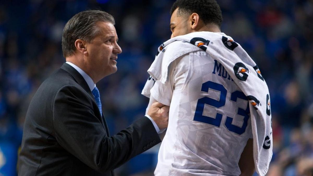 Kentucky head coach John Calipari, left, jokes with guard Jamal Murray in the final minutes of the game. The University of Kentucky hosted the University of Georgia, Tuesday, Feb. 09, 2016 at Rupp Arena in Lexington .