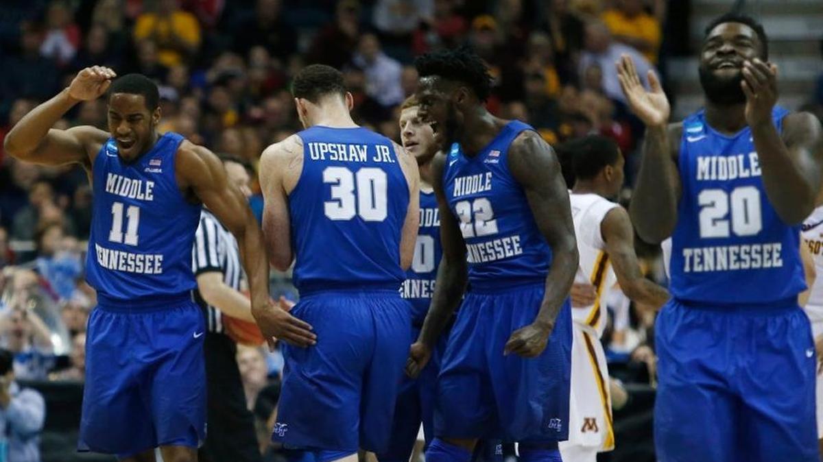 Middle Tennessee State players react during the second half of its upset win over No. 5 seed Minnesota in an NCAA college basketball tournament first round game on Thursday, March 16, 2017, in Milwaukee.