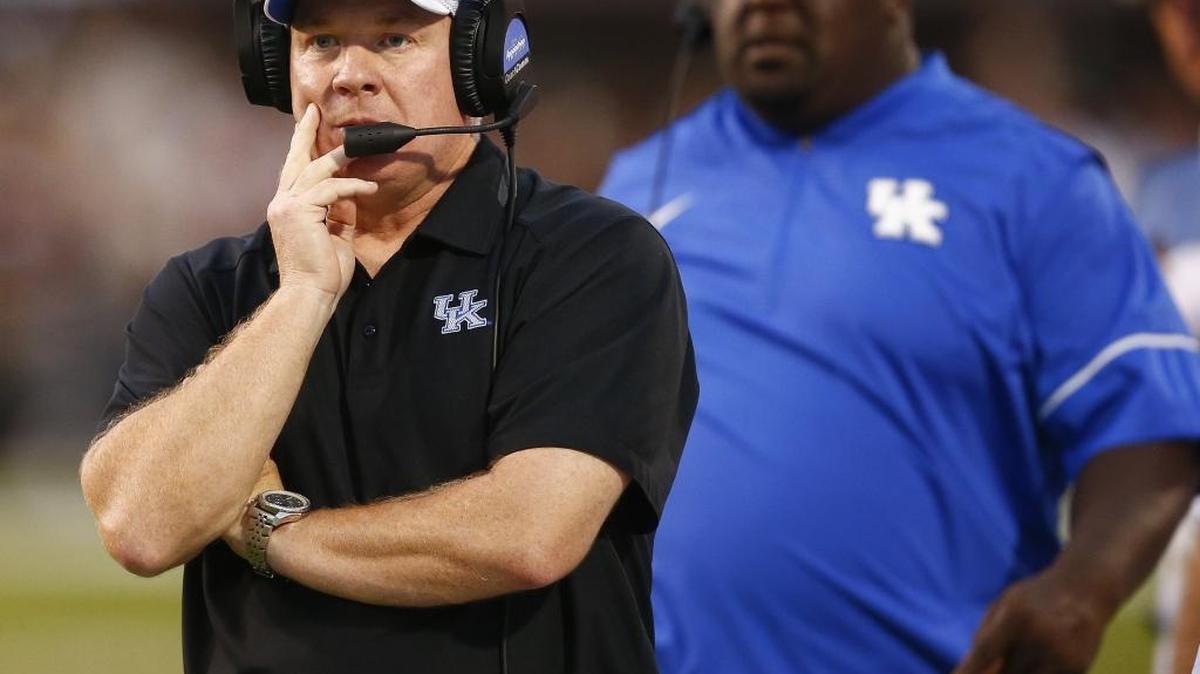 Kentucky head coach Mark Stoops watches from the sidelines as Mississippi State quarterback Keytaon Thompson (10) scores during Mississippi State’s 45-7 win at Davis Wade Stadium in Starkville, Miss., Saturday, Oct. 21, 2017. Kentucky plays at Vanderbilt on Saturday, Nov. 11, 2017.