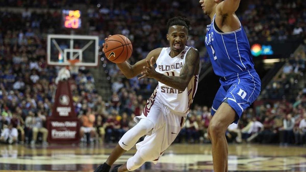 Florida State’s Braian Angola-Rodas drives against Duke’s Chase Jeter during FSU’s win over the Blue Devils on Tuesday, Jan. 10, 2017 in Tallahassee, Fla. Florida State visits North Carolina on Saturday while Duke plays at Louisville. Both games are on ESPN.