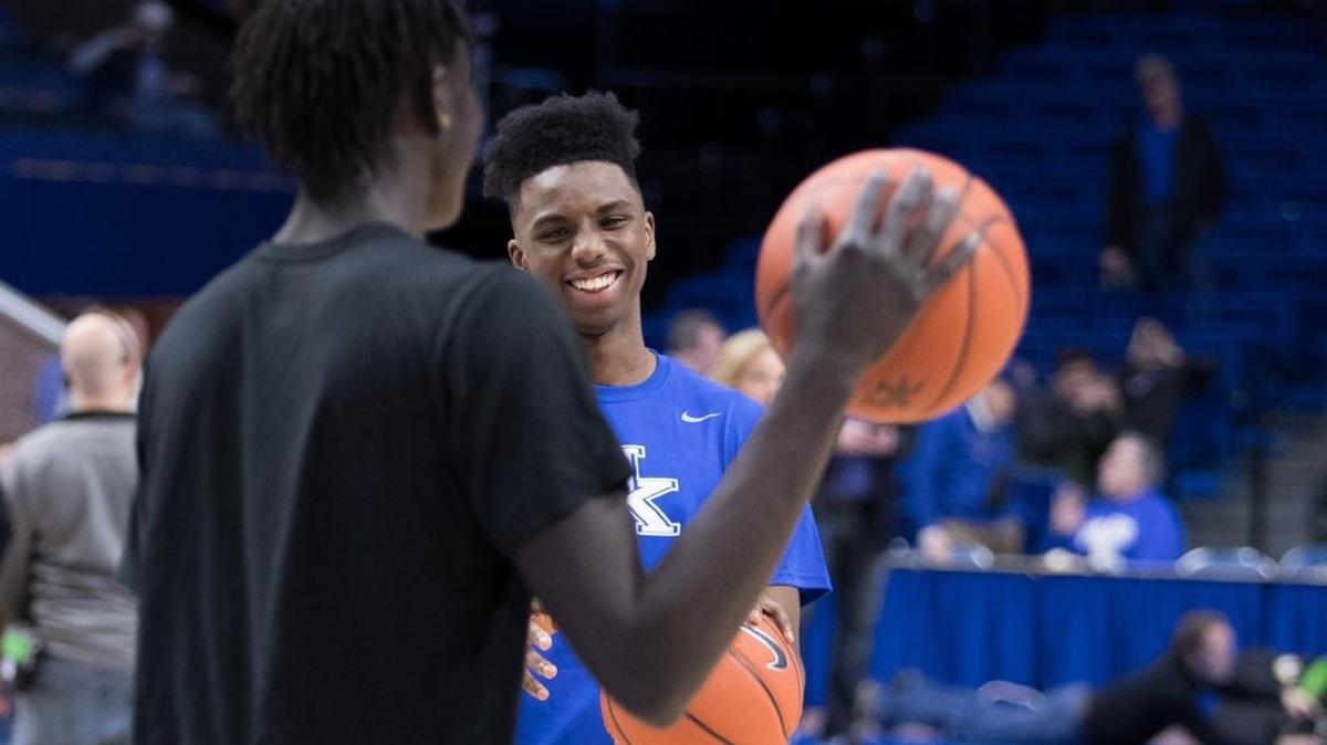 Hamidou Diallo talked with Wenyen Gabriel during warm-ups before Kentucky played host to Kansas at Rupp Arena on Saturday Jan. 28, 2017 in Lexington, Ky.