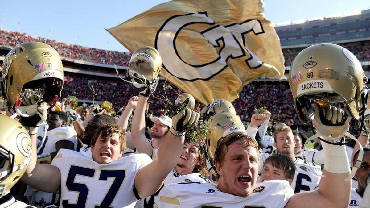 Georgia Tech players celebrated their 28-27 win over Georgia on Nov. 26, 2016 in Athens, Ga. The Yellow Jackets play Kentucky in the Taxslayer Bowl on Dec. 31, 2016 in Jacksonville.