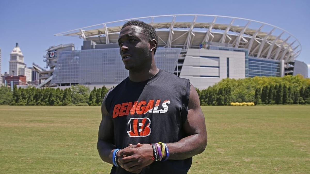 Stanley “Boom” Williams, (34), talks with a reporter following an Organized Team Activity (OTA) at Paul Brown Stadium in Cincinnati Tuesday, June 6, 2017. Williams, a former Kentucky running back who rushed for 1,170 yards in 2016, was cut by the Bengals on Sunday, August 20, 2017.