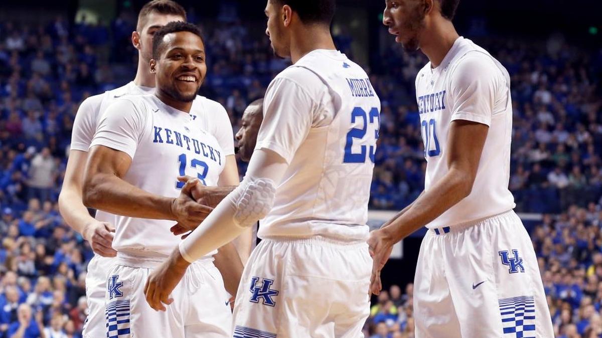 Kentucky Wildcats guard Isaiah Briscoe (13) congratulated Kentucky Wildcats guard Jamal Murray (23) after a dunk as the University of Kentucky played the University of Alabama in Rupp Arena in Lexington, Ky., Tuesday, February 23 2016. This is first half mens basketball action.