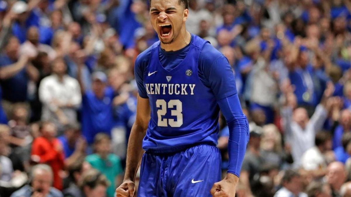 In this March 13, 2016, file photo, Kentucky's Jamal Murray reacts after a basket against Texas A&M during overtime of the SEC Tournament final in Nashville, Tenn. Ben Simmons and Brandon Ingram look to be the first two picks in the NBA draft, leaving most of the drama Thursday night around who will be the No. 3 pick.