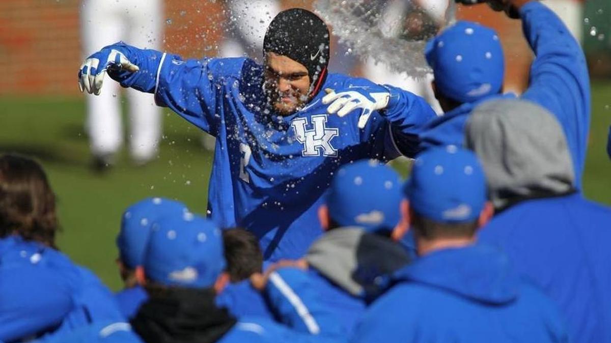 Riley Mahan celebrates after hitting walk-off grand slam to give Kentucky a 6-2 win over visiting Alabama on Saturday, April 9, 2016.