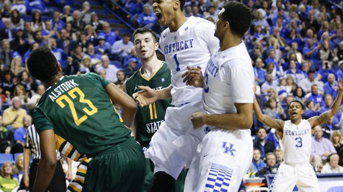 Kentucky Wildcats forward Skal Labissiere (1) let out a big yell after a dunk as #2 Kentucky played Wright State on Friday November 20, 2015 in Lexington, Ky.