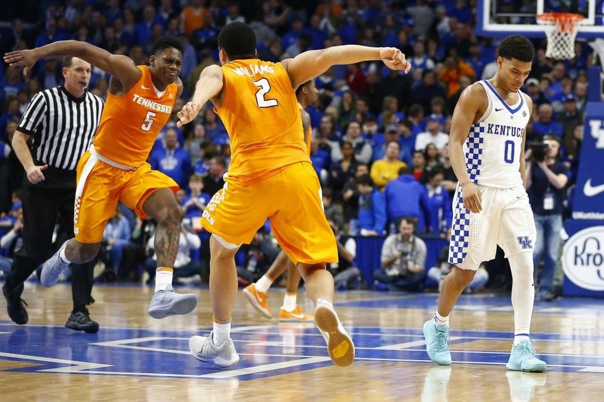Tennessee stars Admiral Schofield (5) and Grant Williams (2) celebrated late in the second half of the Volunteers’ 61-59 victory over the Wildcats in Rupp Arena last season.